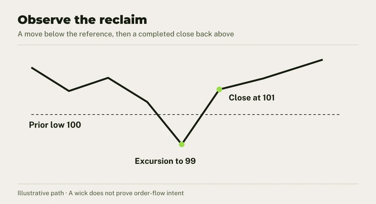 Hypothetical reclaim: price briefly trades below 100, then closes at 101. The wick does not identify who traded.